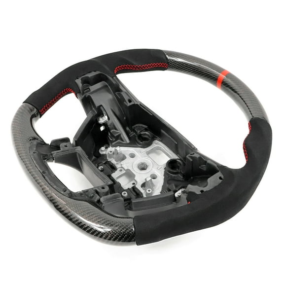 Ikon Motorsports Steering Wheel Compatible With 2015-2020 Ford F-150 2017-2022 F250 F350 F450 F550 Super Duty, Real Carbon Fiber   Alcantara With Red Stitch & Indicator Steering Wheel