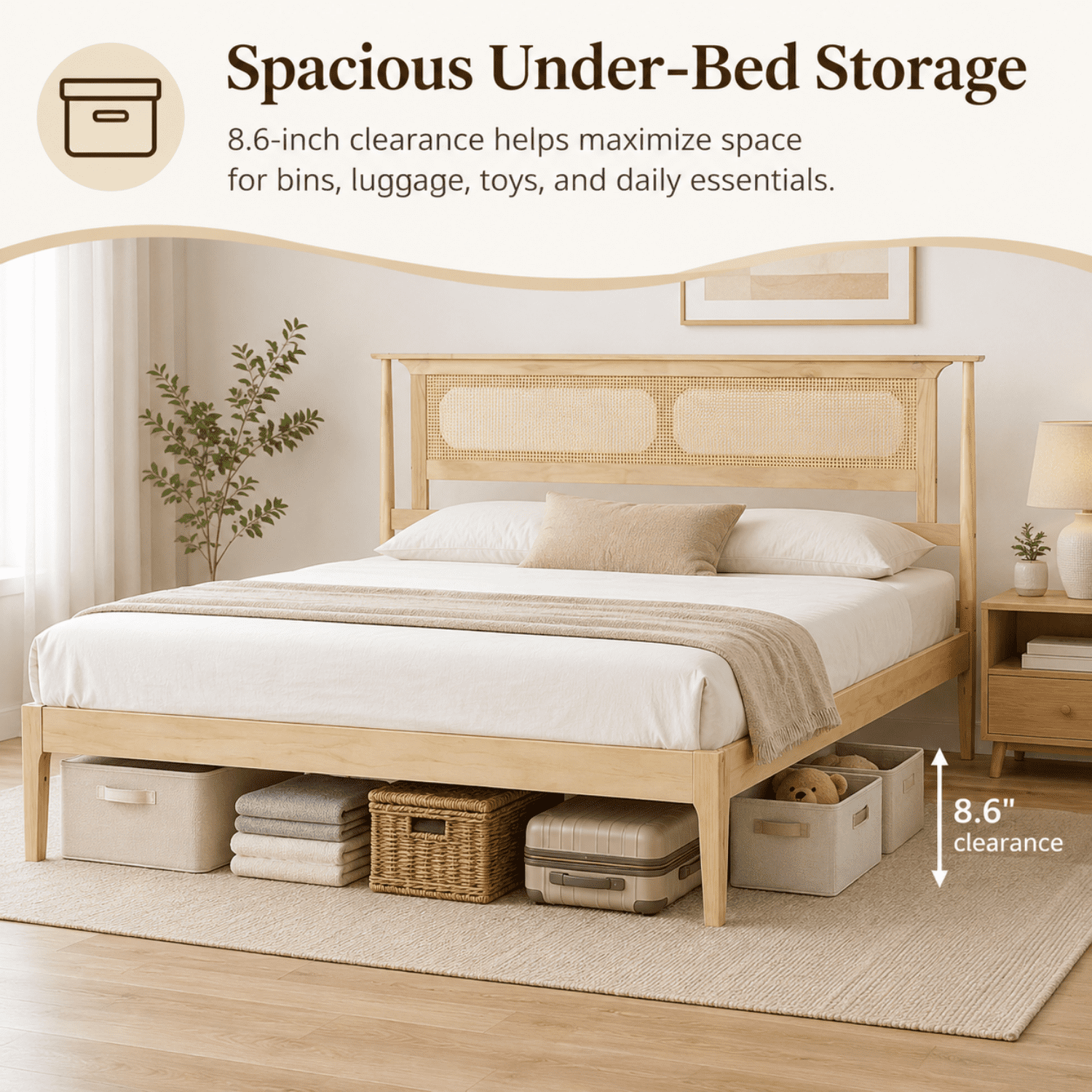 Miniyam King Bed Frame with PE Rattan Headboard, Pine Platform Bed, Natural