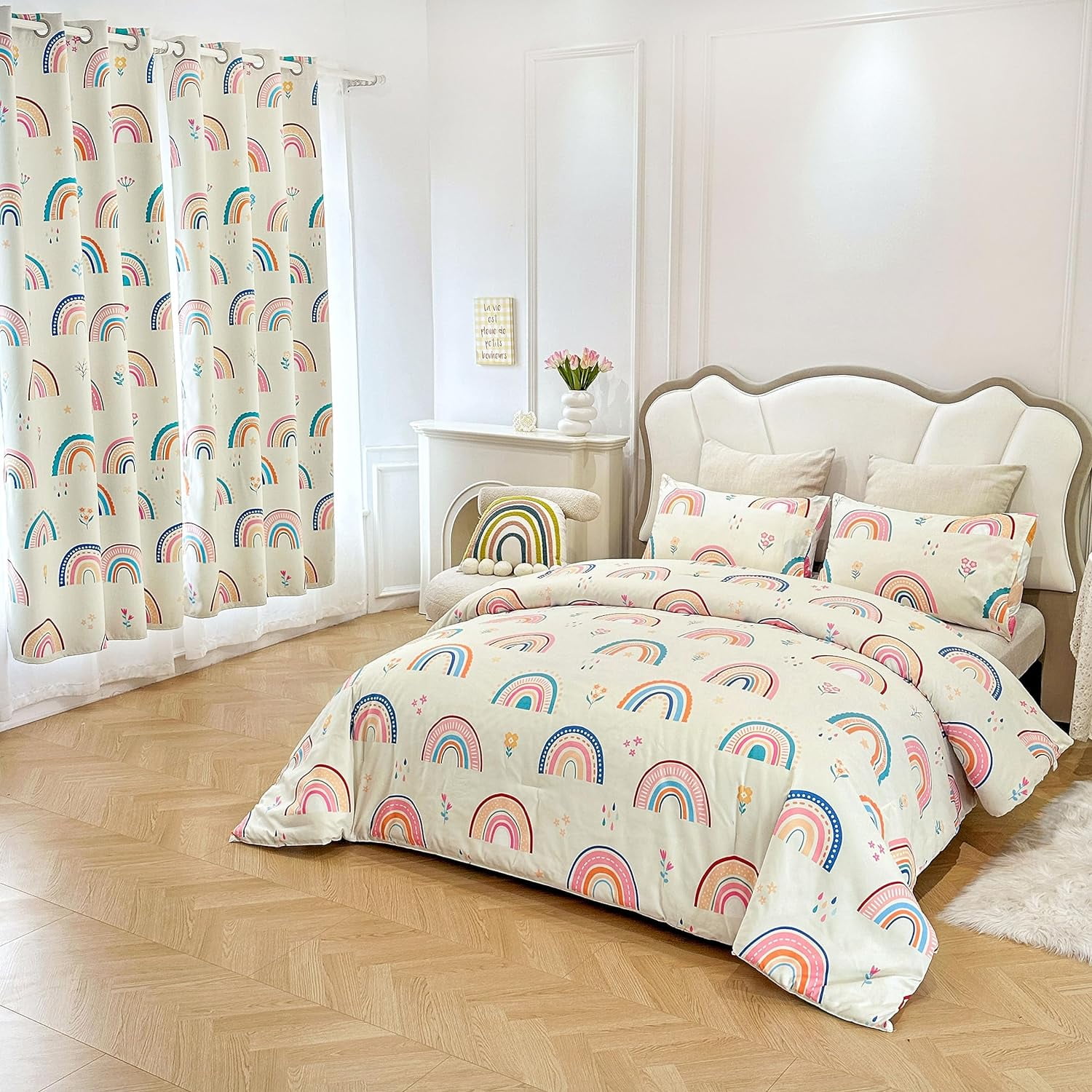 NTBED Rainbow Comforter Set with 2 Pillow Covers Cartoon Love Hearts Flowers and Grass Bedding Set for Girls Boys Kids Full Multi-Color 3 Pcs