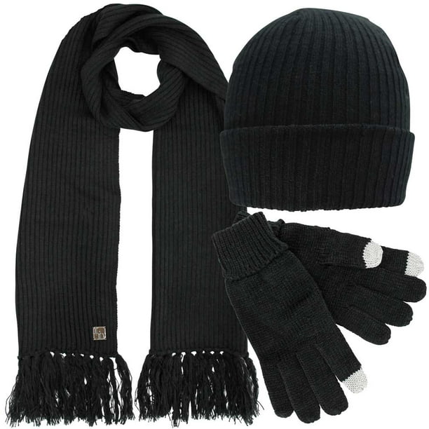 Luxury Divas - Ribbed Knit Men's 3 Piece Hat Scarf & Texting Gloves Set ...