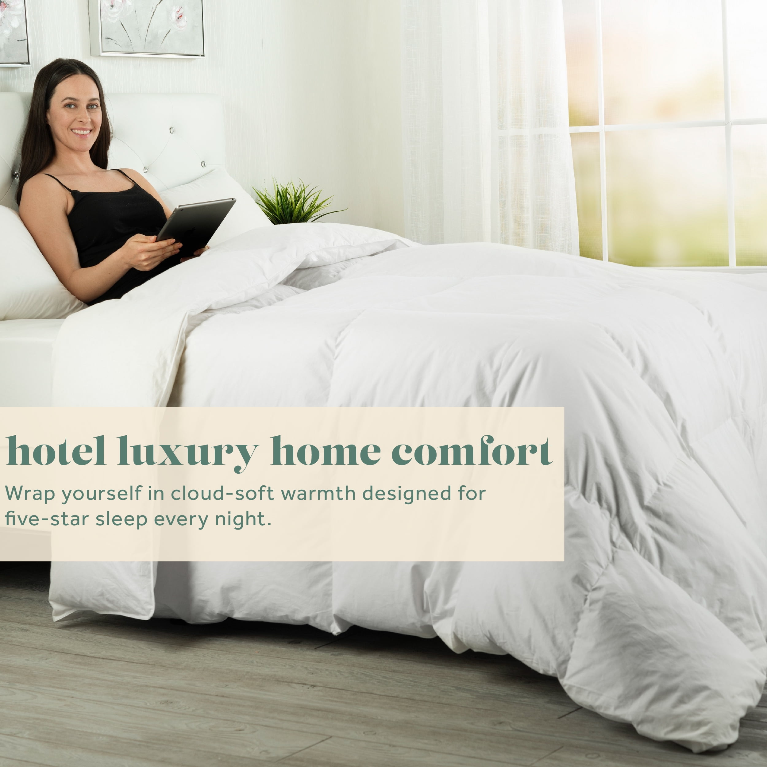 ComfyDown Down Feather White Comforter - Made in USA - 100% Cotton Cover, Light Weight Hotel Luxury Bedding Comforters, All Season Washable Duvet Insert with Corner tabs - (Queen)