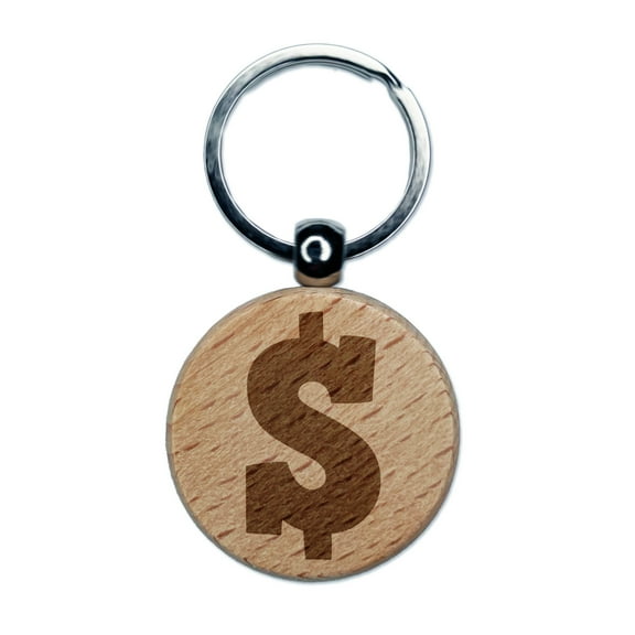 Dollar Sign Money Symbol Round Keychain Charm Tag - Engraved Wood