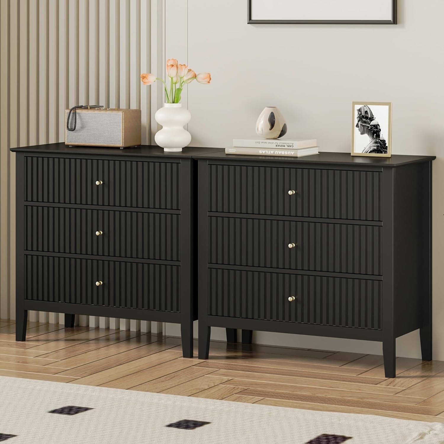 RoyalCraft Black 3 Drawer Dresser Chest with Storage, Modern Nightstand for Bedroom, Living Room, Entryway