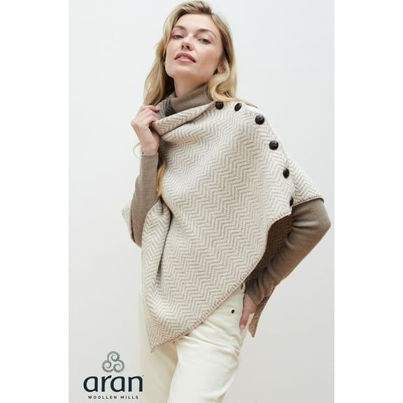 Aran Woollen Mills Poncho 100 % Soft Merino Wool Women`s Irish Cape with Buttons and Herringbone Pattern Made in Ireland