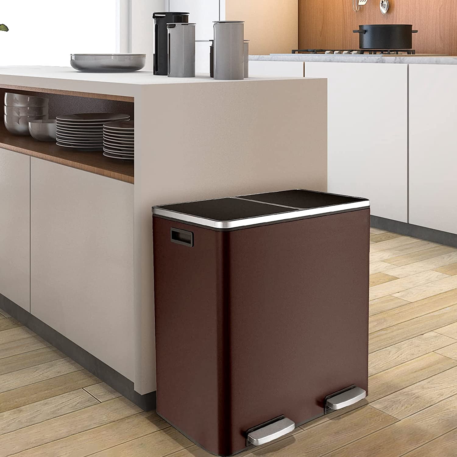 Arlopu Stainless Steel Dual Trash Can, 16 Gallon/60L Recycling Bin Step Garbage Can with 2 Compartments, Soft Close Lid