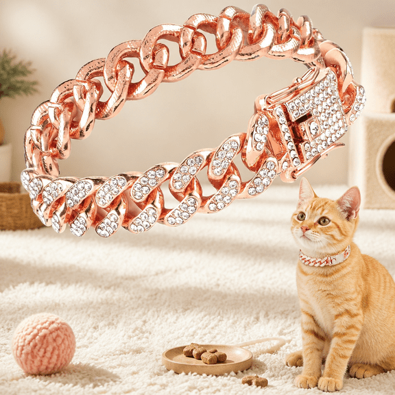Cuban Link Chain Cat Collar with Rhinestone Diamonds – Metal Pet Necklace for Small Dogs and Kittens, Rose Gold, 10‑Inch Length (Non‑Adjustable)