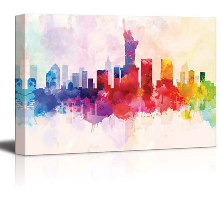 - wall26 Colorful Rainbow Splattered Paint on the City of New York with the Statue of Liberty - Canvas Art Home Decor - 12x18 inches