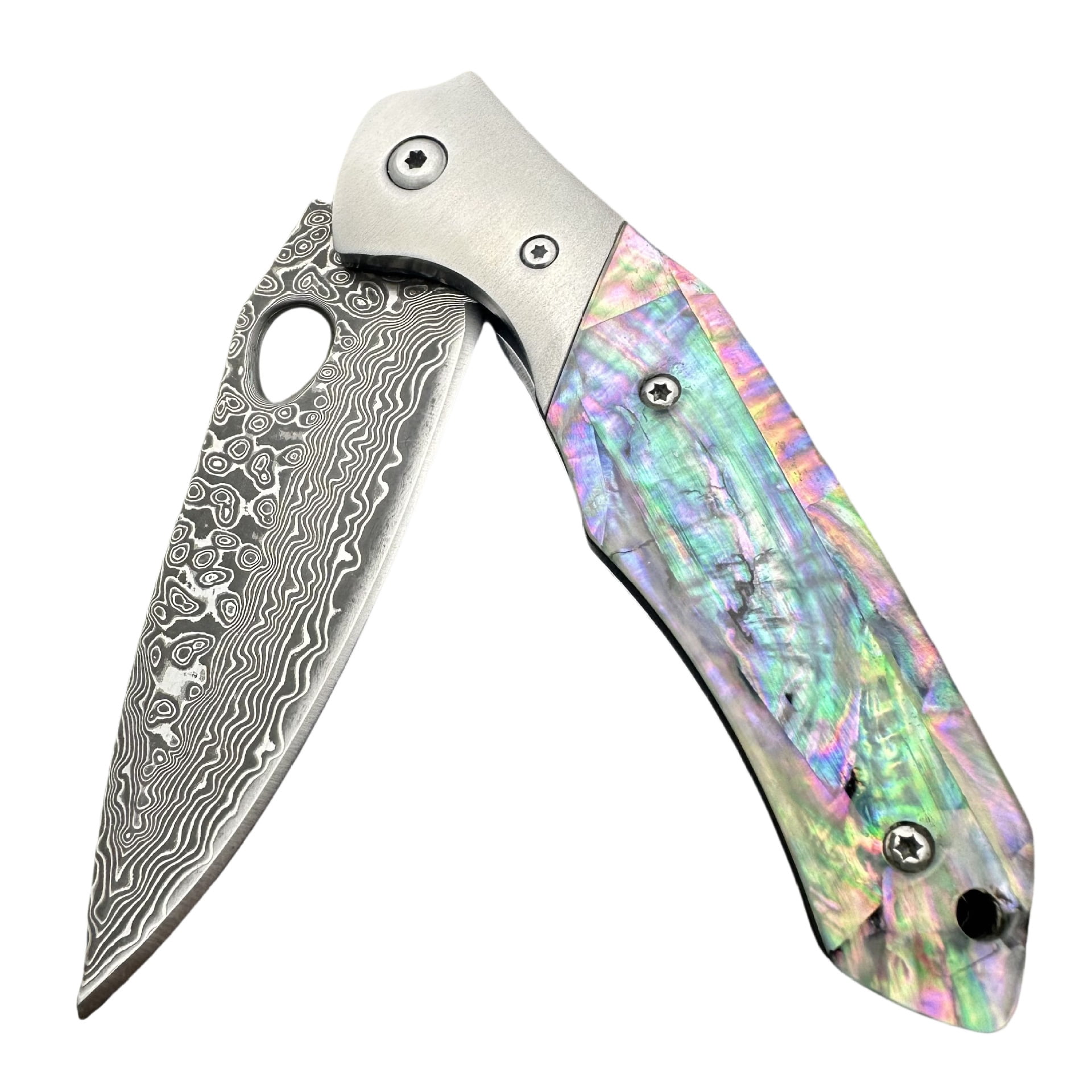 Damascus Outdoor Pocket Knife — Abalone Shell Handle, Sandblasted CNC Steel Bolster — Camping & EDC Folding Knife (VG10 Steel)