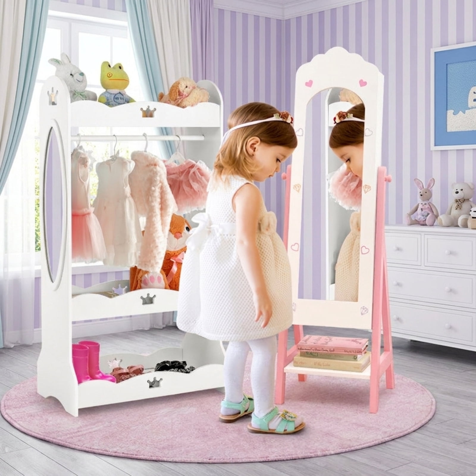Furnibear 2-Piece Kids Vanity Table and Stool Set with Tri-Fold Mirror and Jewelry Armoire Cabinet with Full-Length Mirror for Girls, White