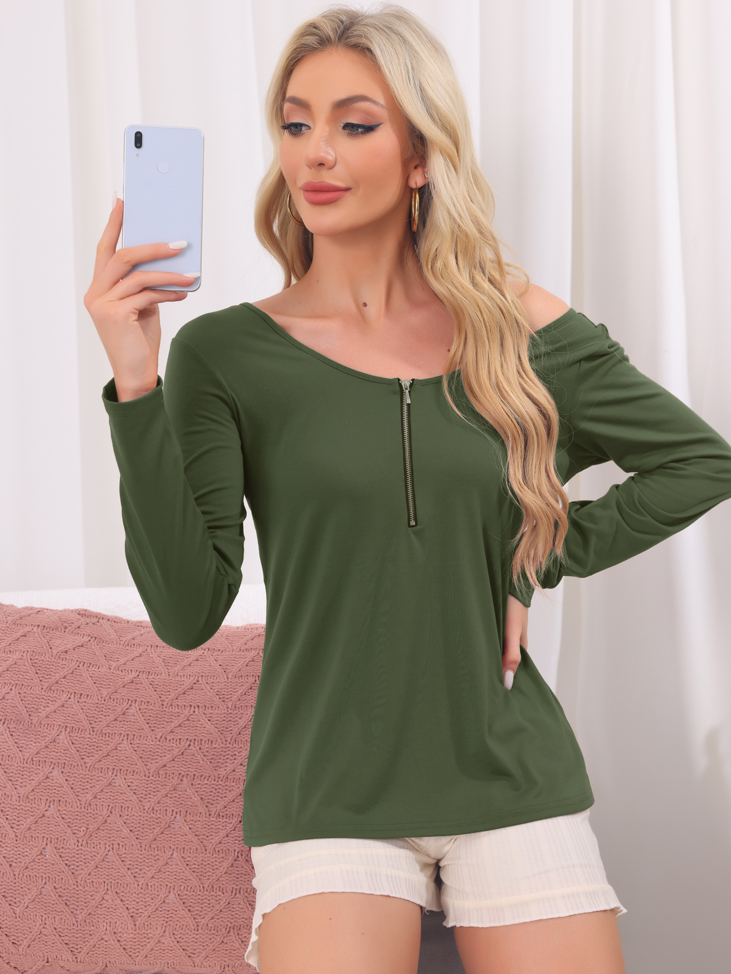 DARING DIVA Long Sleeves Pullover Solid Round Neck Pajama Tops XS Green