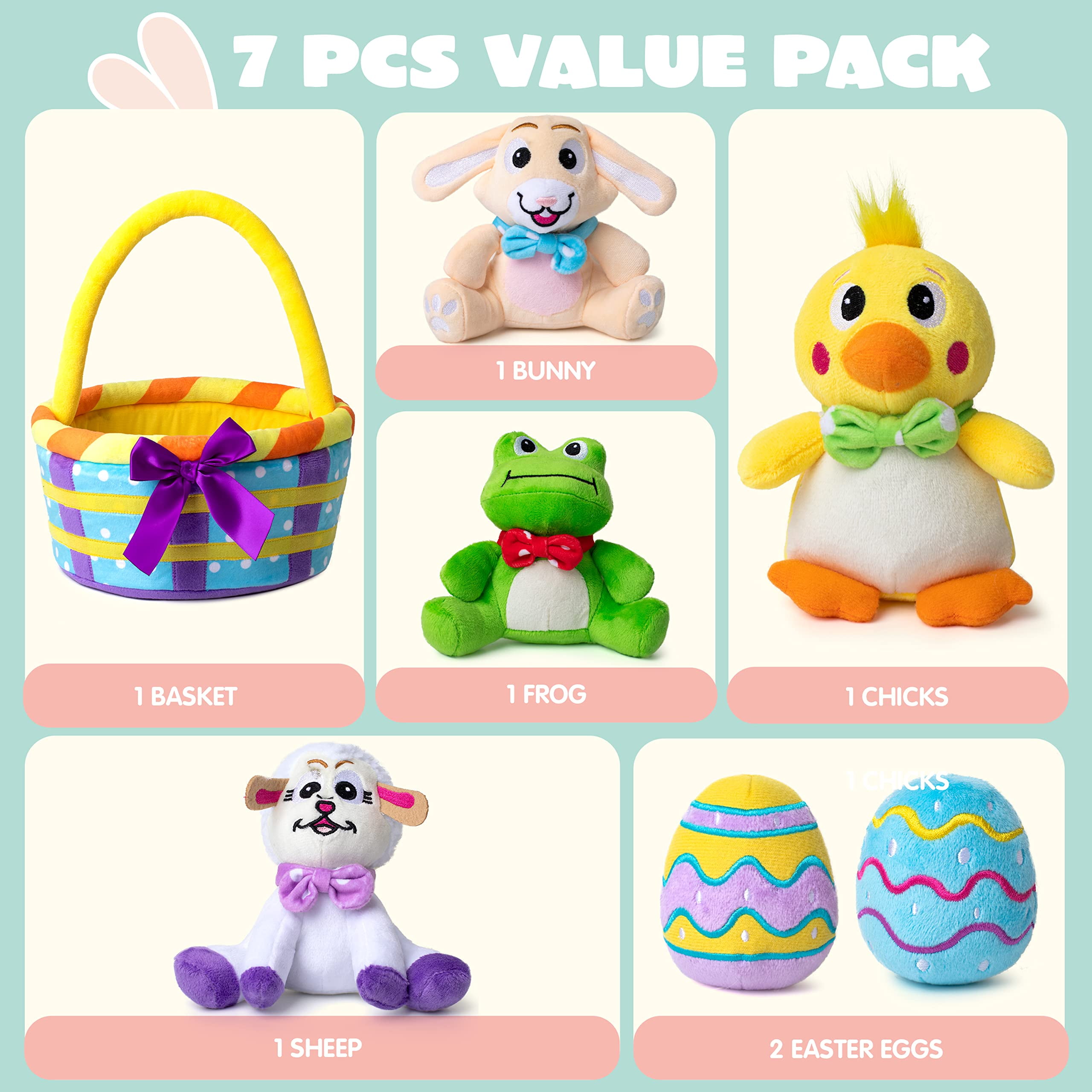 Joyfy 7Pcs Easter Basket for Kids,Basket Stuffers Fillers,Easter Basket Stuffed Animal Plush Playset,Easter Toys for Easter Party Favor Supplies,Easter Eggs Hunt