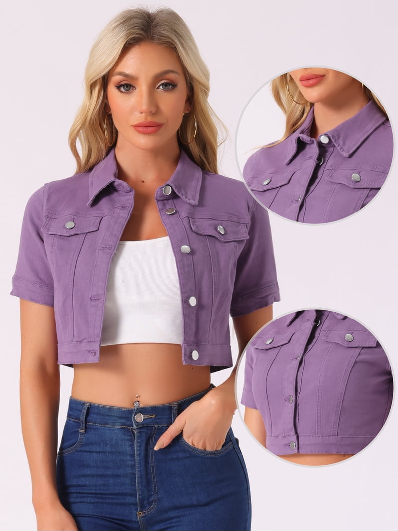 DARING DIVA Women's Short Sleeves Crop Button Down Denim Jacket M