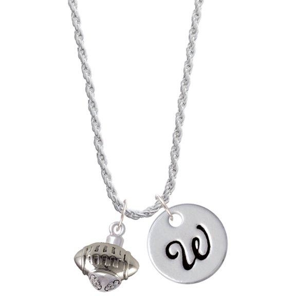 Delight Jewelry Silvertone Football Spinner Silvertone Script Initial Disc - W - Charm Necklace, 20" 3"