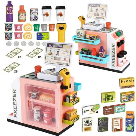 Lictin Cash Register Toy for Kids, 47 PCS Pretend Play Store Cashier Toys with Scanner, Play Food, Credit Card, Cash Register Playset Gift for Boys and Girls Ages 3+, Pink