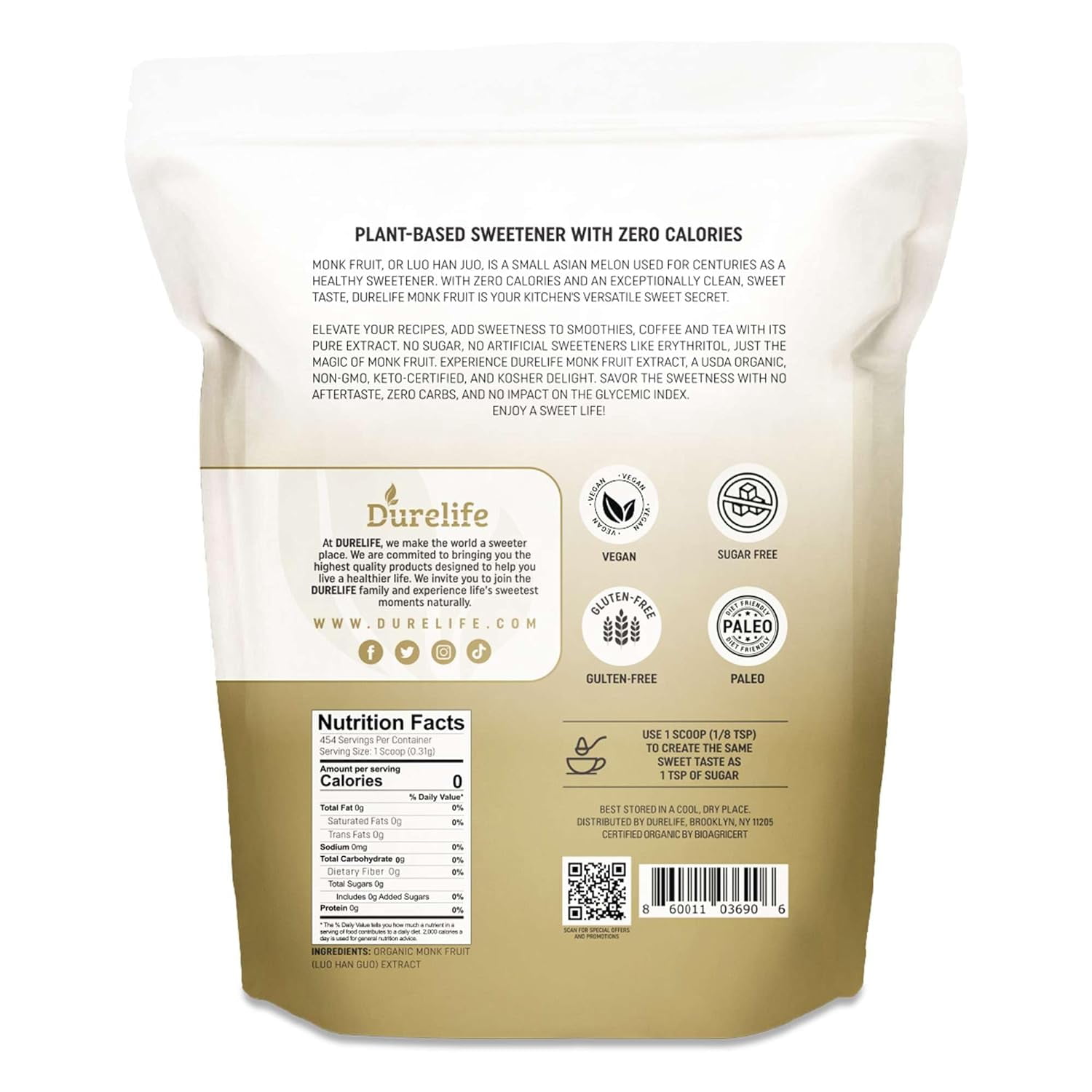 Durelife Organic 100% Pure Monk Fruit sweetener, No Erythritol, Monkfruit Extract Powder, USDA organic NON-GMO Project Verified, Keto Certified, OU kosher No Fillers Zero Calorie Sugar Substitute 5OZ