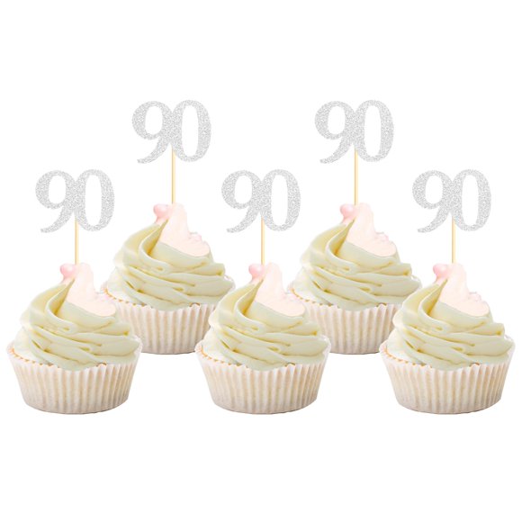 Cupcake Toppers Sotpot para 90 cumpleaños, 90 años, 30 unidades, color plateado
