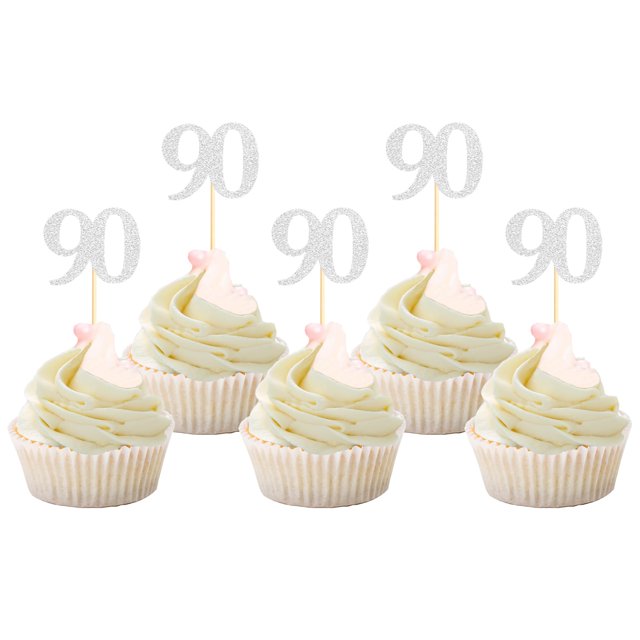 Cupcake Toppers Sotpot para 90 cumpleaños, 90 años, 30 unidades, color plateado