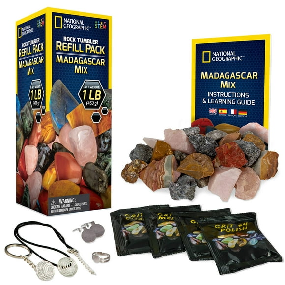 NATIONAL GEOGRAPHIC Rock Tumbler Refill – 1 Lb Mix of Rocks from Madagascar for Rock Polishers, 5 Jewelry Fastenings & Rock Polishing Grit Madagascar Mix