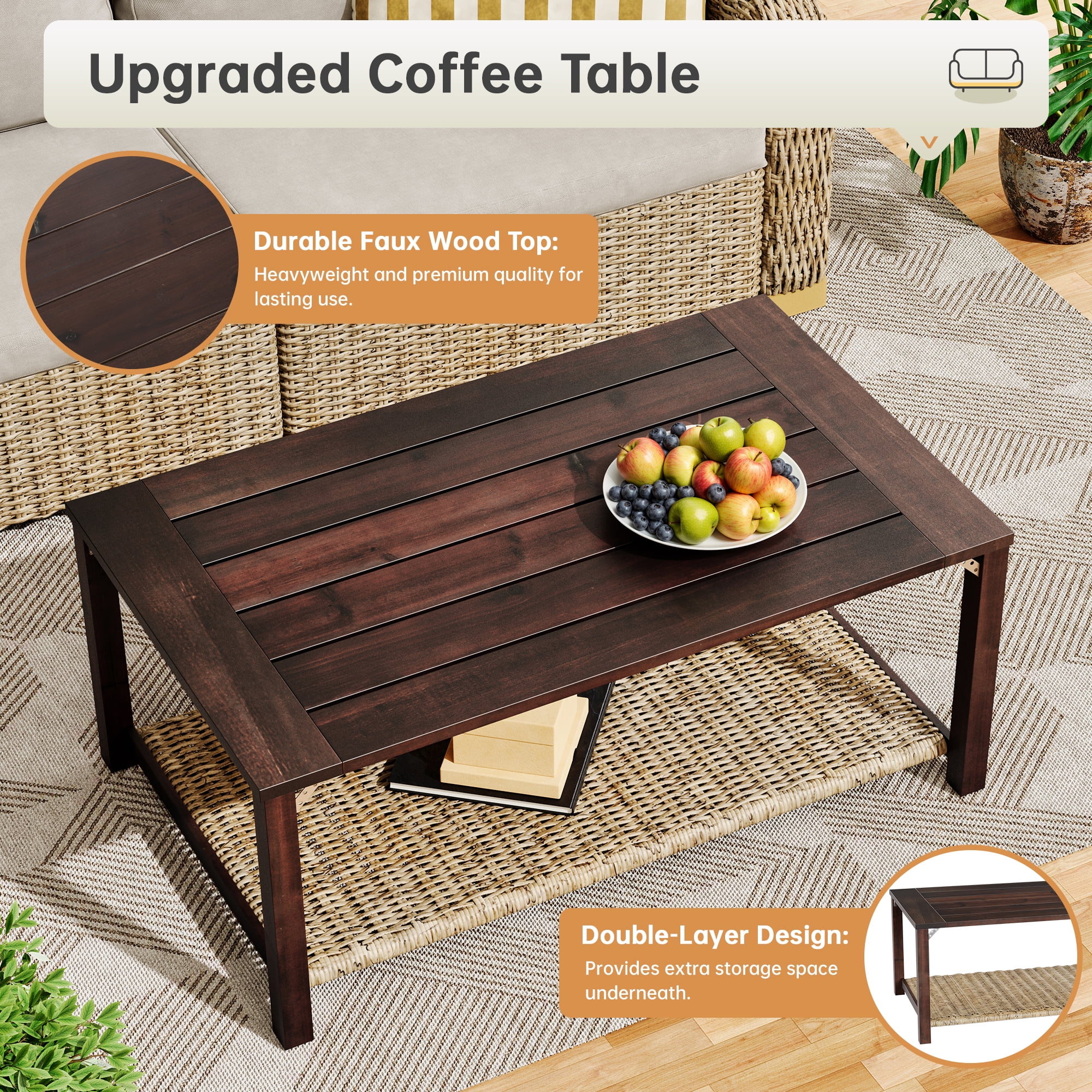 LHBCraft 3-Pieces Outdoor Patio Furniture Set, Wicker Loveseat and Coffee Table Set, with Grey Cushions and Natural Wicker