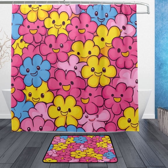 BZSMCE Shower Curtain and Bath Accessory Set,Joyful Floral Faces Pattern