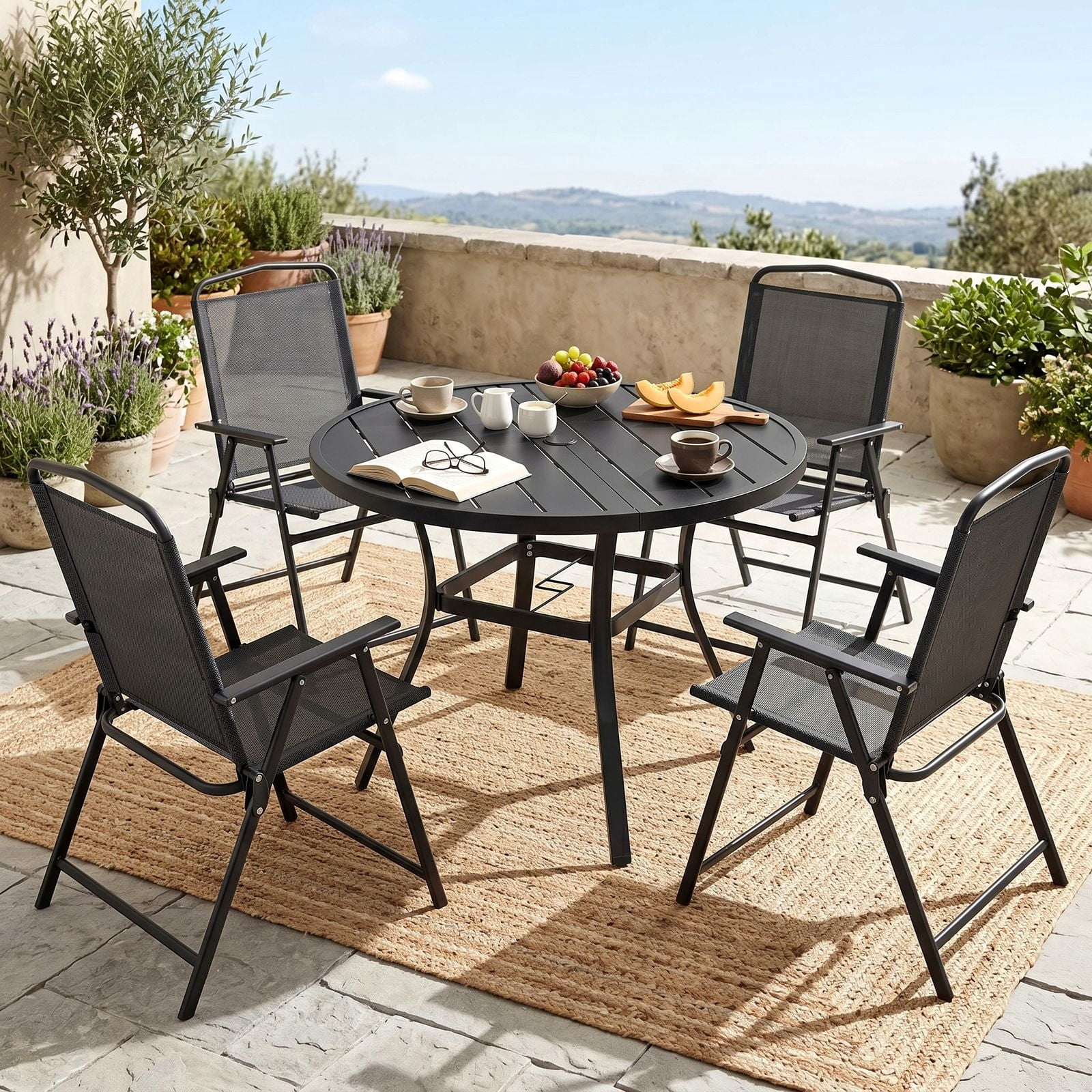 TLSUNNY 4 Pcs Patio Folding Chairs, Heavy-Duty Metal Frame W/ Armrests Portable Outdoor Foldable Chairs, Black