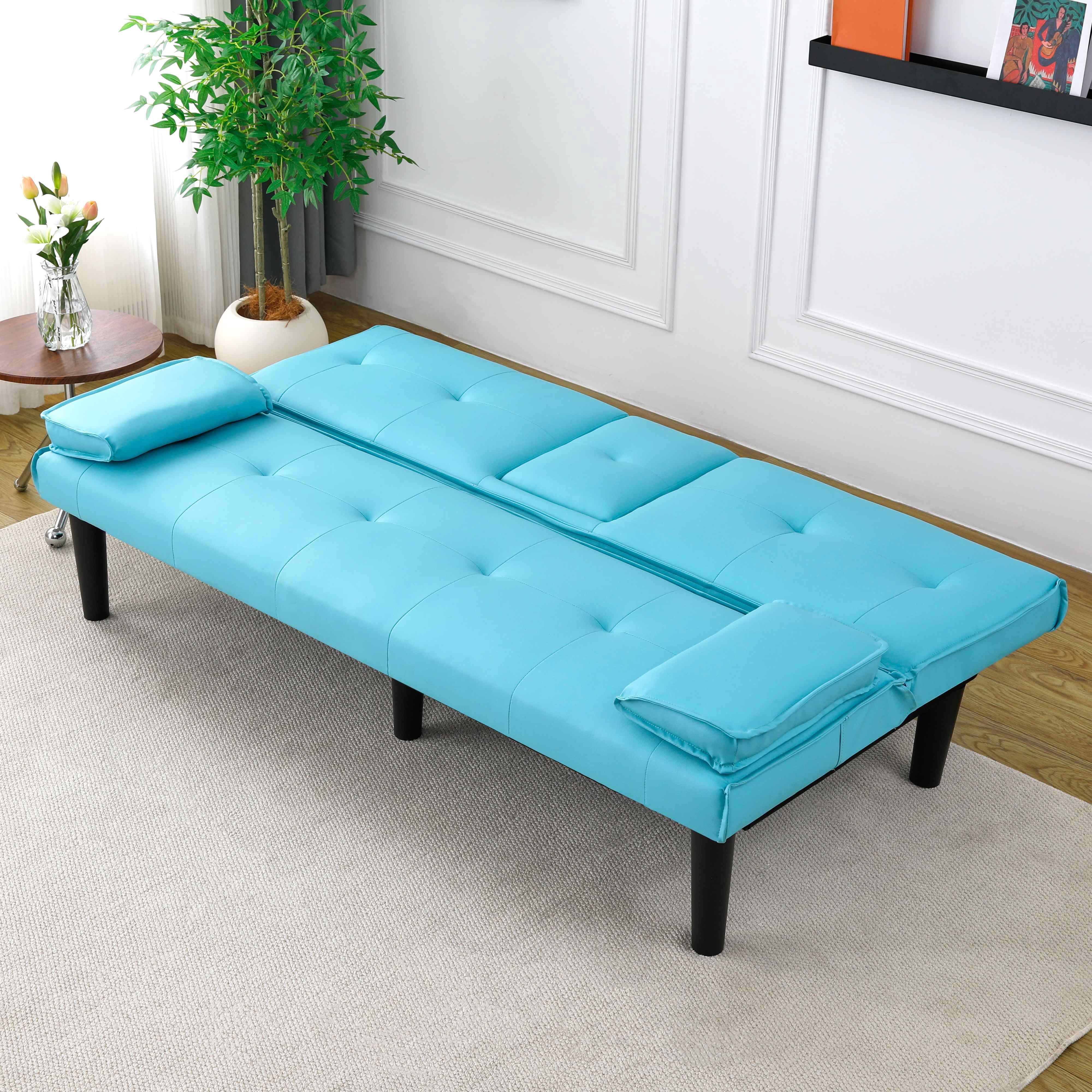 FFH 67" Futon with Cup Holders for Office, Living Room, Blue PVC
