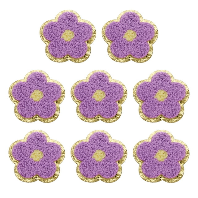 Uxcell 8 Pcs Parches de Flor Morados de Chenille, Parches de Planchar con Bordes Dorados, Parches de Aplicación para Ropa, Manualidades DIY, Sombreros, Mochilas, Ropa, Vestidos, Pantalones, Jeans
