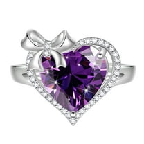 Juwaliy 6Ct Heart Women Ring Bow Kont Ribbon 925 Sterling Silver February Birthstone Amethyst Ring Purple Solitaire Jewelry Mother Valentine's Day Gift for Wife