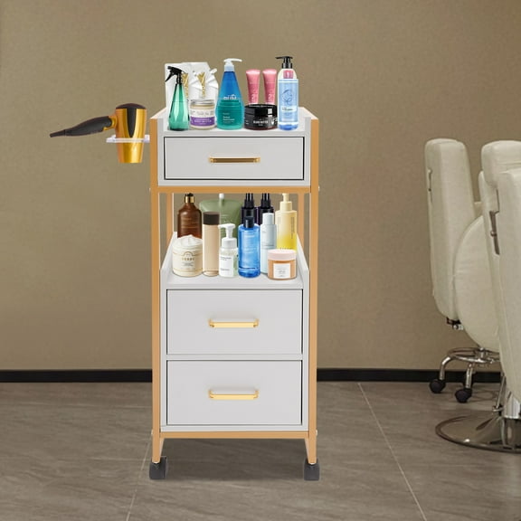 TOOL1SHOoo Salon Cart Barber Trolley,Barber Shop Tool Cabinet 3 draws with Wheels,Storage Trolley-Gold Framed Fhite Board