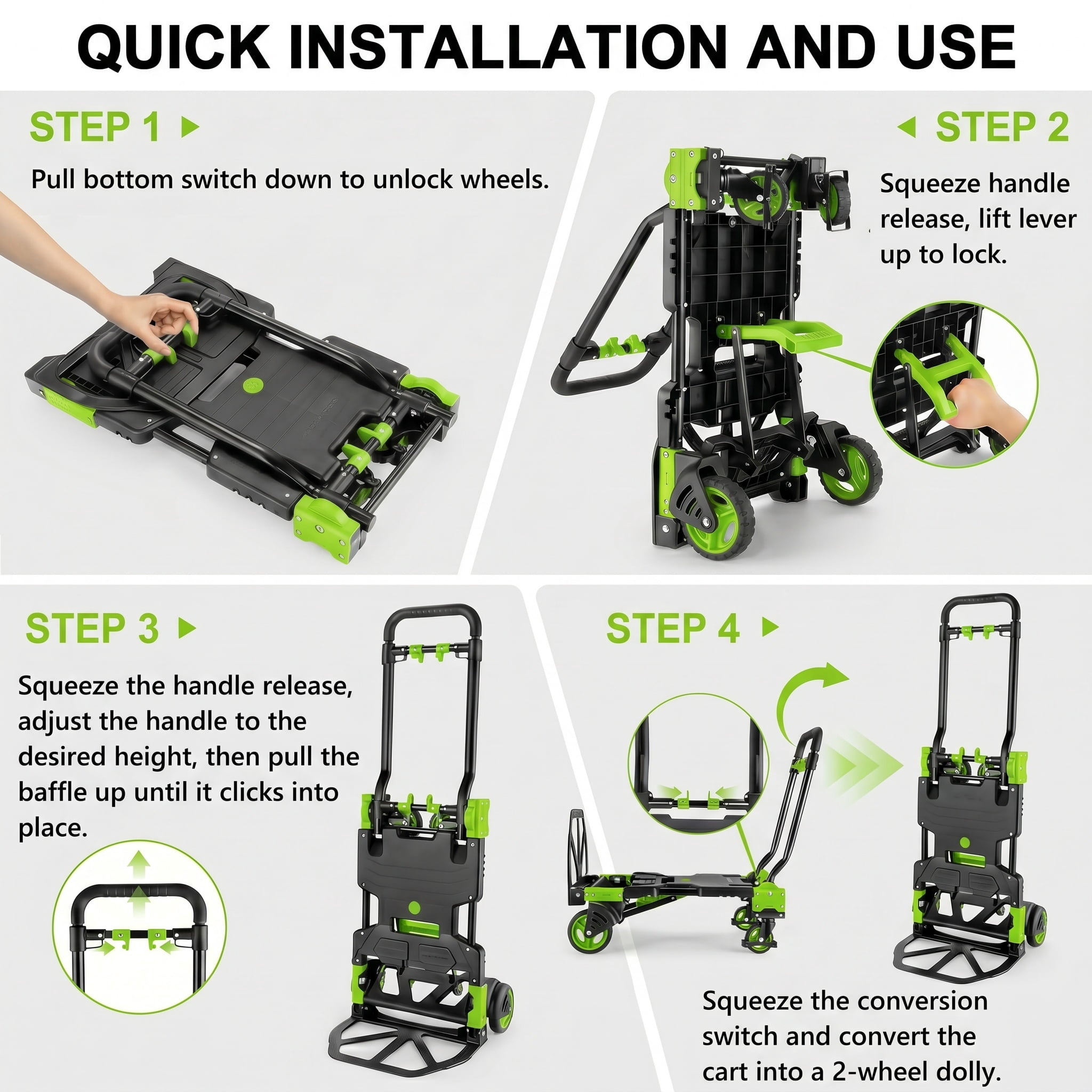 Adnoom 2-in-1 Folding Hand Truck Heavy Duty, 300 lbs Capacity Utility Cart with 4 Wheels, Retractable Handle Convertible Platform Dolly for Moving Boxes Furniture Luggage, Green