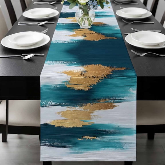 Abstract Teal Gold Table Runner 120 Inches Long, Green White Wall Art Textured Kitchen Coffee Dining Table Decoration for Home Party Birthday Wedding Home Decor 13x120 Inches