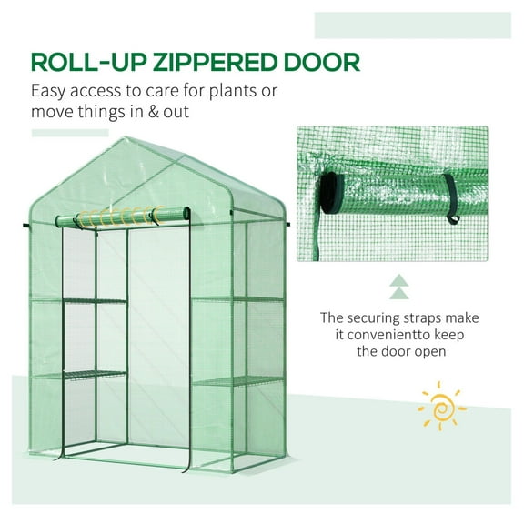 56" x 29" x 77" Walk-in Greenhouse, Garden Hot House with 3 Tier Shleves, Roll-Up Door and PE Cover, Green