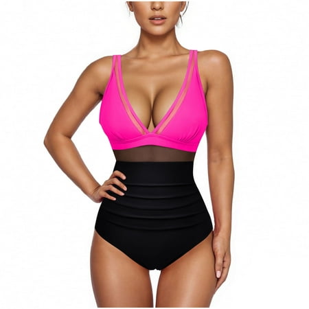 GSPCLAM Women s Sexy Solid Color Tops Backless Lace Mesh Swimwear with Bra Pads V-Neck Summer Breathable Fashionable Tops Tops Hot Pink M