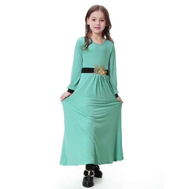 TH603 Vestido largo de niña musulmana Tela de seda de leche Burka Ropa de niña árabe (Verde 80)