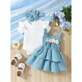 thumbnail image 4 of Aojekbee Baby Girls Summer Outfit Short Sleeves Rompers and Crochet Flowers Suspender Skirt Headband 3 Piece Clothes Set, 4 of 10