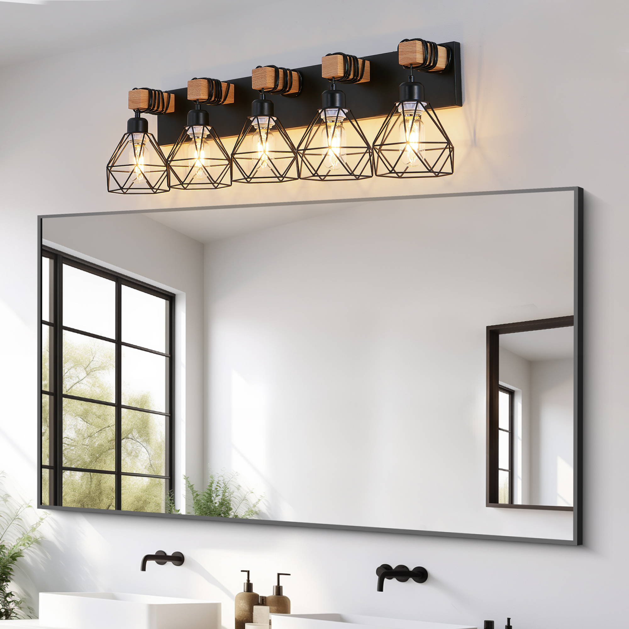 Leumius Modern Geometric 5-Light Vanity Light Fixture with Black Metal, Wooden Accents and Cage Lampshade for Bathroom, Bedroom, or Living Room (Bulb Not Included)