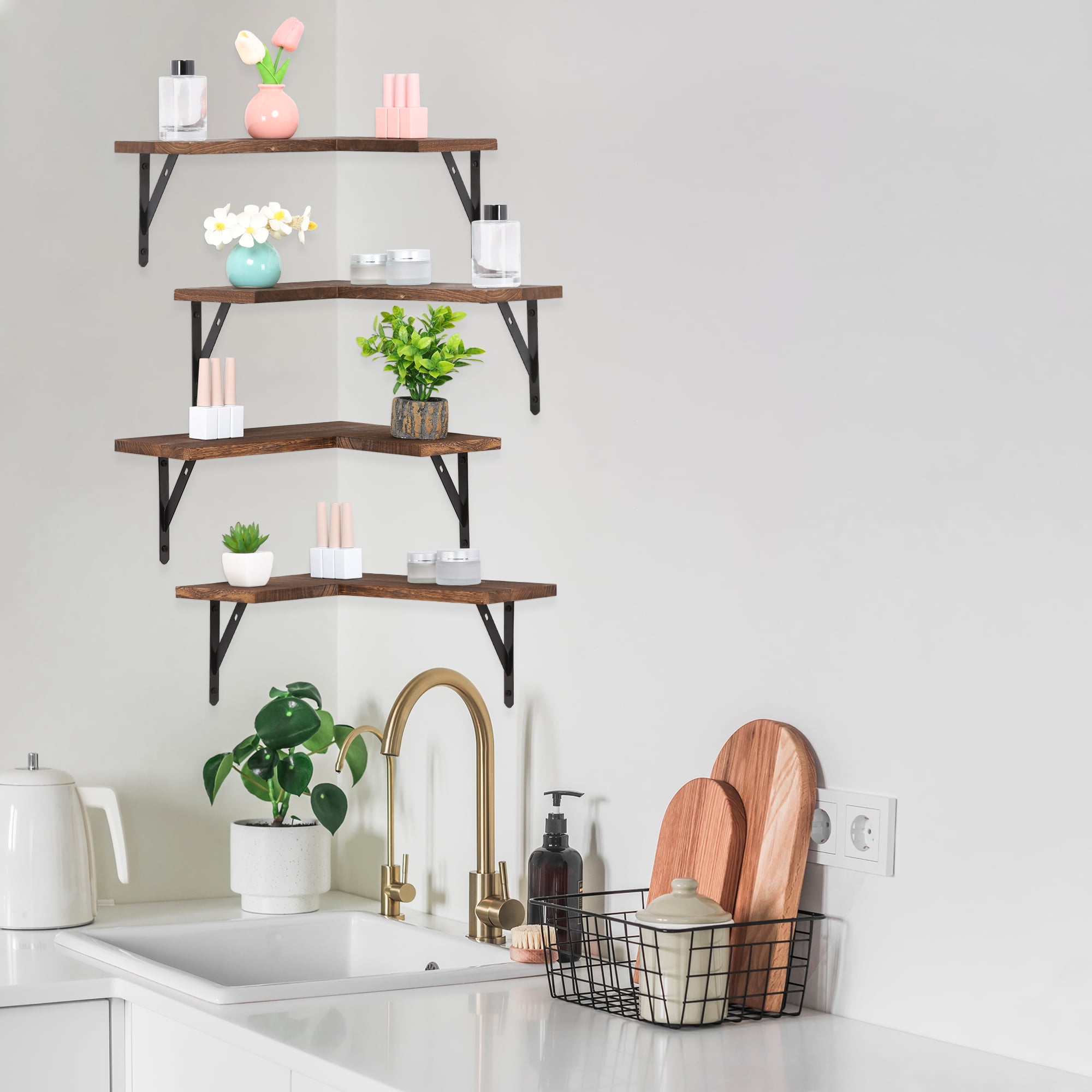REGALWOVEN Wood Floating Shelves Set of 4, Wall Mounted Shelves for Bathroom and Kitchen Wall Decor Dark Brown 16*11.4in