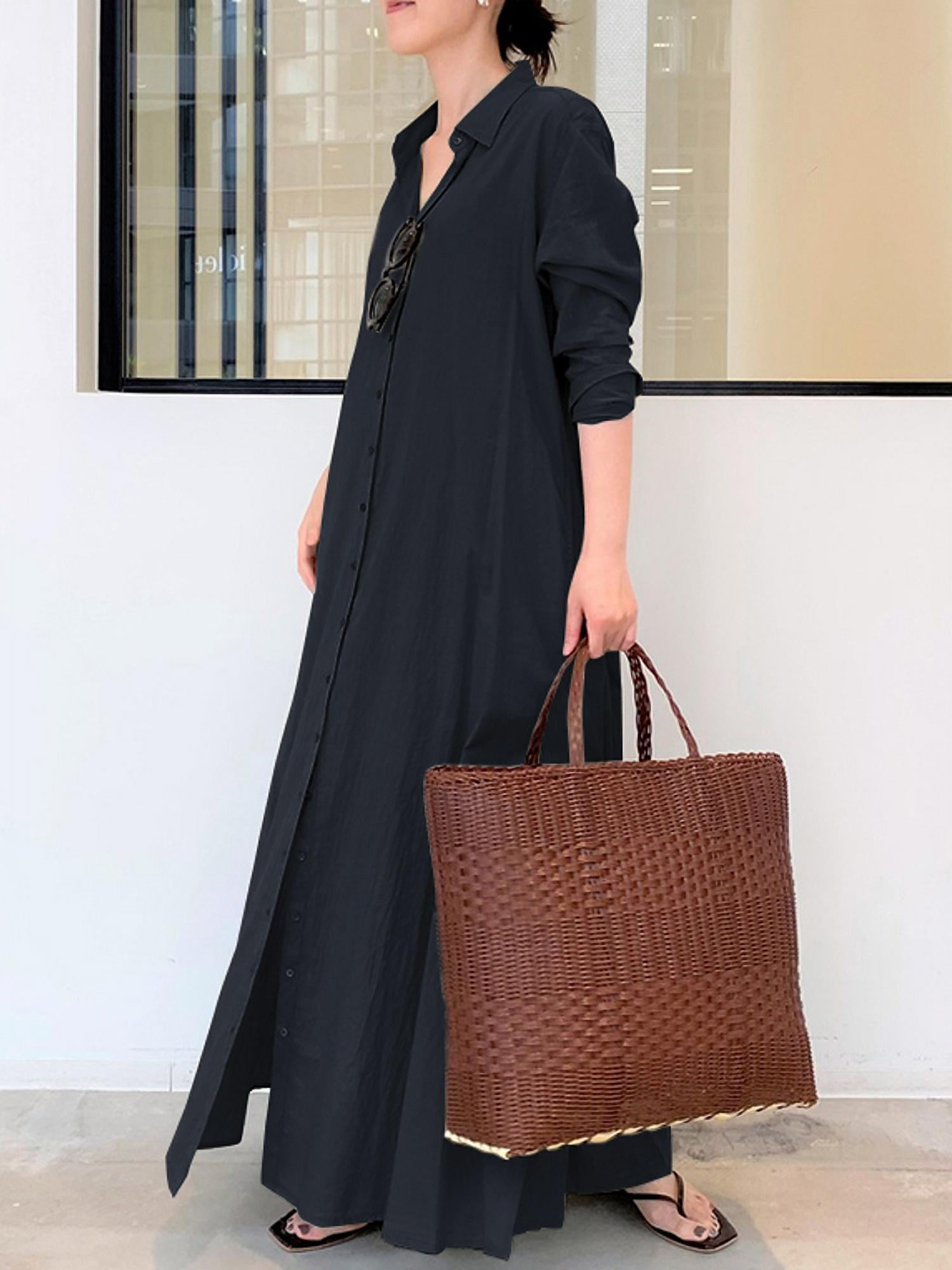 Women Casual Solid Button Down Long Sleeve Split Hem Maxi Dress - image 2