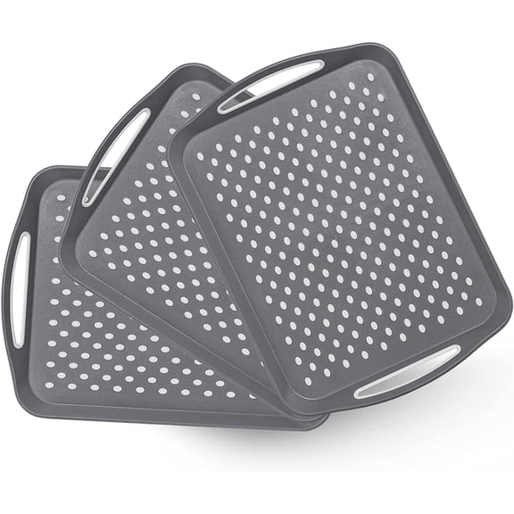 Anti-Slip Serving Trays with Handles – 3 Pack Large Rectangular Food Tray for Lap, Eating on Couch, Reusable Durable Serving Tray for Food and Drinks (Grey)