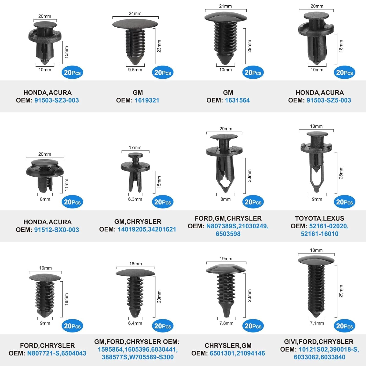 260PCS Bumper Clips car Plastic Rivet Fasteners, 13 Popular Sizes, Suitable for Bumpers, fenders, and car interiors