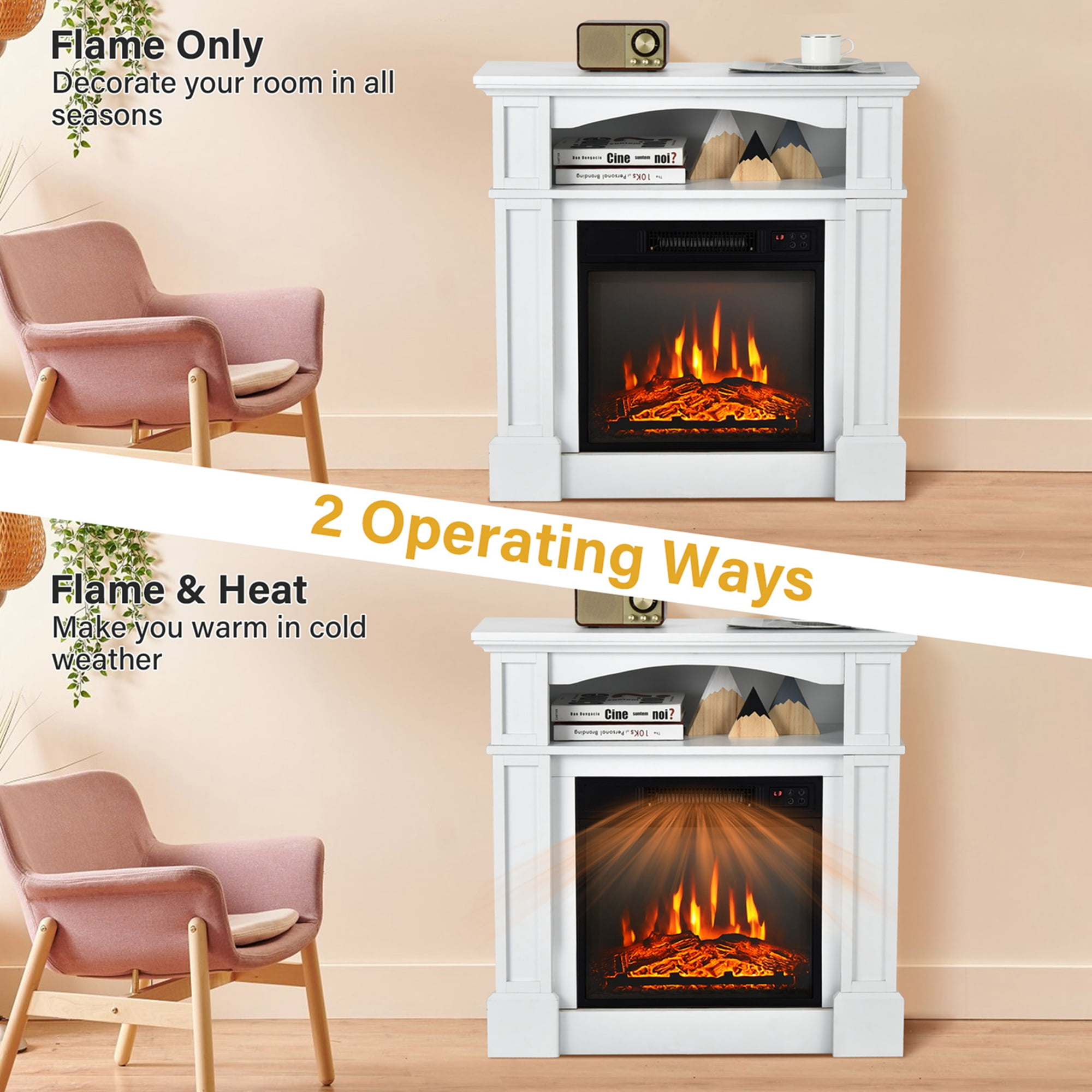 Costway 32" 1400W Electric Fireplace Mantel TV Stand Space Heater W/ Shelf White