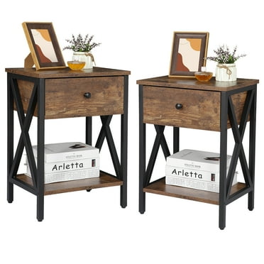 ZENSTYLE Set of 2 End Table Sofa Side Tables with X-Design Metal Frame for Bedroom Home Brown