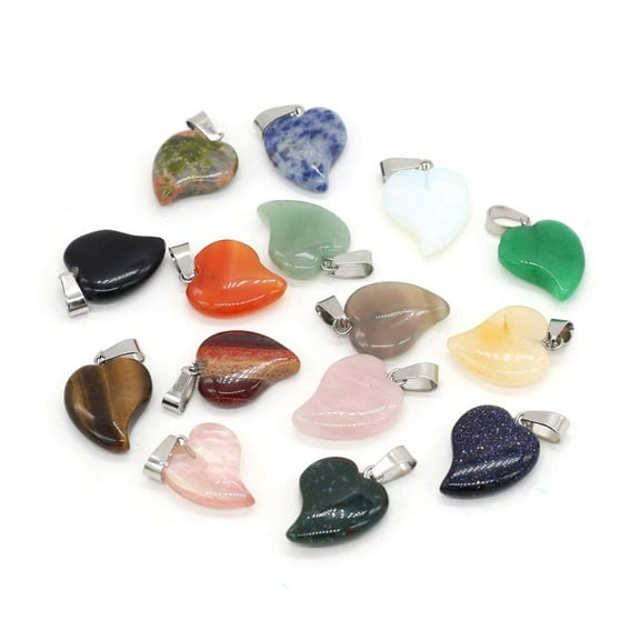 LiangJiang 15 Pcs natural stone pendants peach heart shape chakra reiki healing mixed stone crystal agate charms for jewelry making necklace bracelet