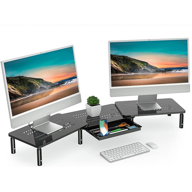 FITUEYES Support Double Moniteur avec Emplacement pour Téléphone et Tiroir de Rangement, Longueur et Angle Réglables pour 2 Écrans DT115903MB