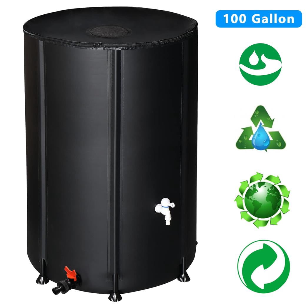 100-Gallon Collapsible Rainwater Collection Barrel, Easy-to-Use Folding Water Catchment System, Durable and Eco-Friendly - Black