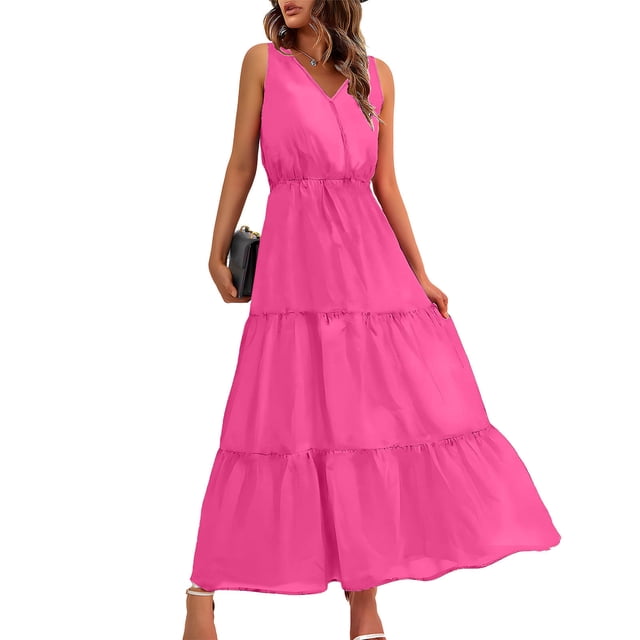 Pisexur Robes pour Femmes Mode Col en V Sans Manches Robe Maxi Taille Haute Robe d'Été Décontractée Ample Couleur Unie Robe de Bal Formelle Confortable Robe Fluide pour Vacances à la Plage