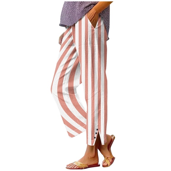 dazeni Womens Striped Linen Capri Pants Side Split Hem Elastic Waisted Straight Leg Cropped Trousers with Pockets Loose Loungewear Summer Beach Boho Clothes Orange Large