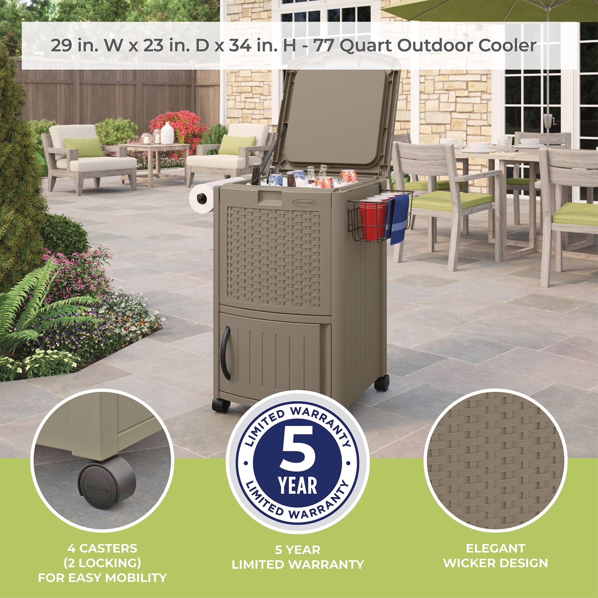 Suncast Wicker Outdoor Patio Cooler Cart with Cabinet, Java Brown