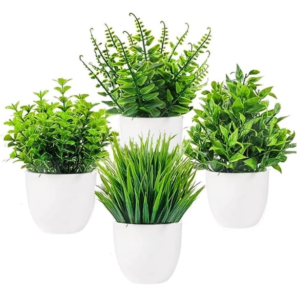 Fake Plants 4 Packs Artificial Plants Small Faux Plants in Black or White Pot Small Houseplants Greenery in Pots Indoor for Bathroom Home Office Table Decor Indoor Faux Plants Decor