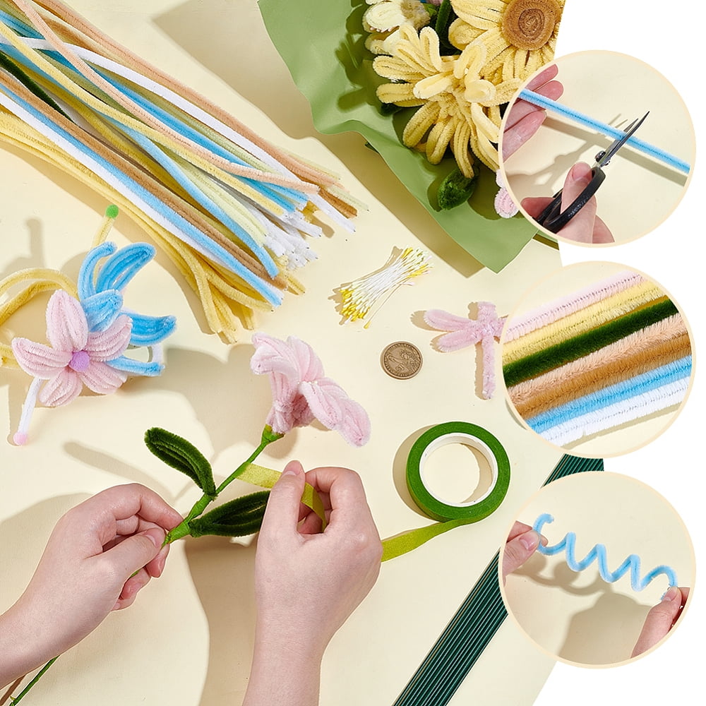 DIY Plush Sticks with Chenille Stems Polyester Ribbons Iron Stick Greeting Cards and Glue Stick Mixed Color 300~305x7.5mm